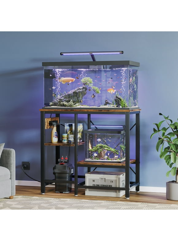 Bestier 20-29-37 Gallon Fish Tank Stand with Power Outlets, 3-Tier Heavy Duty Metal Aquarium Stand Reversible Storage Shelf