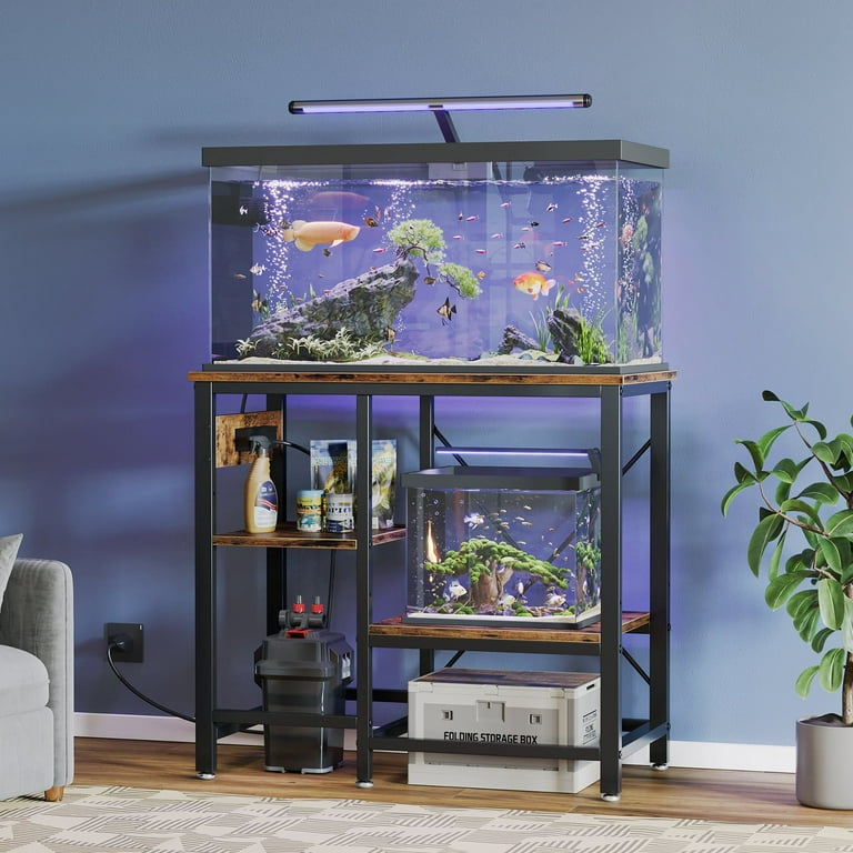 Paulis 20 37 Gallon Fish Tank Stand with Charging Station with 3 Tiers Adjustable Storage Shelves Archie Oscar Color Rustic Brown