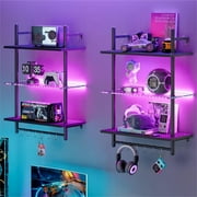 Bestier 23" Floating Shelves for Wall with LED Light 3-Tier Wall-Mounted Wood Shelves with 8 S-Hooks, Black Carbon Fiber