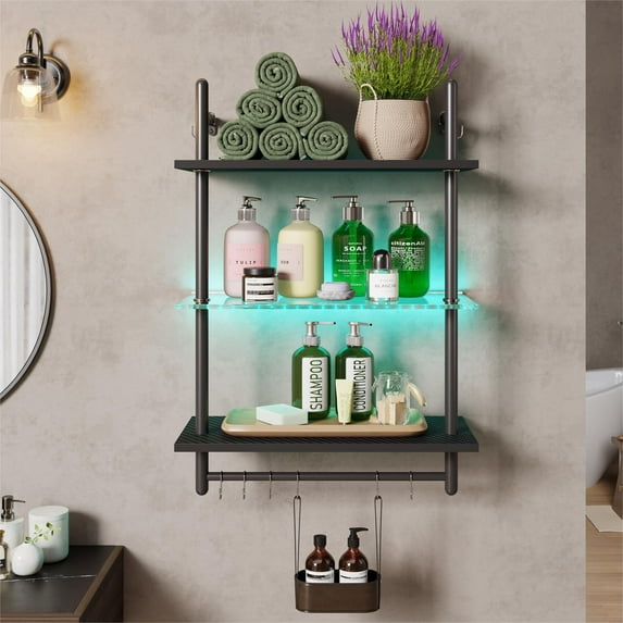 Bestier 23" Floating Shelves for Wall with LED Light 3-Tier Wall-Mounted Wood Shelves with 8 S-Hooks, Black Carbon Fiber