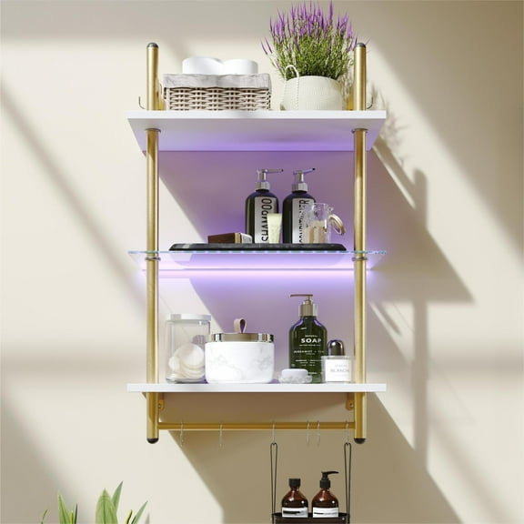 Bestier 23" Floating Shelves for Wall with LED Light 3-Tier Wall-Mounted Wood Shelves with 8 S-Hooks, White Finish & Gold Frame