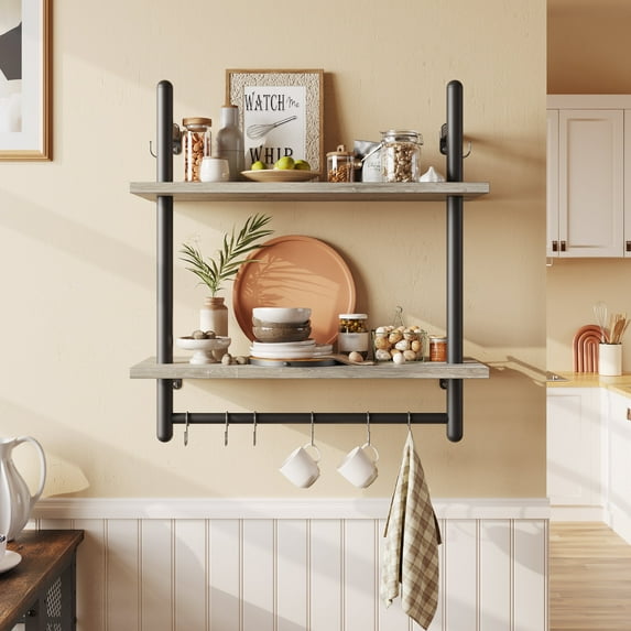 Bestier 24" Kitchen Wall Shelves 2-Tier Floating Shelves for Bathroom, Bedroom, Retro Grey Oak