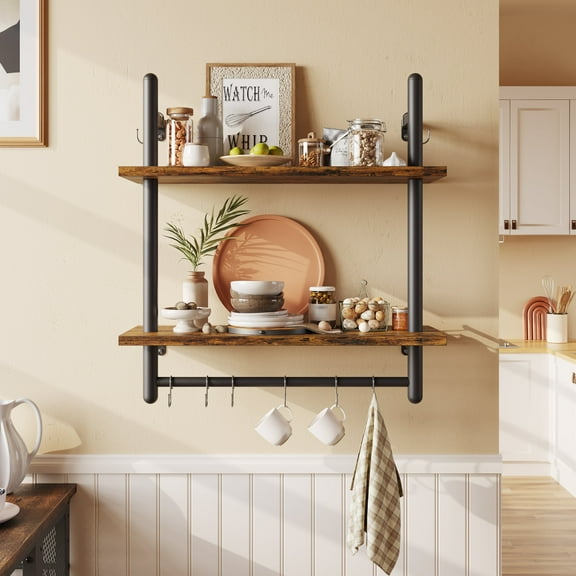 Bestier 24" Kitchen Wall Shelves 2-Tier Floating Shelves with Hooks for Bathroom, Bedroom, Rustic