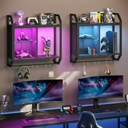 Bestier 25" Gaming Floating Shelves LED Wall Mounted Shelf with Adjustable Glass Shelf, Gaming Room Decor Wine Coffee Bar, Black