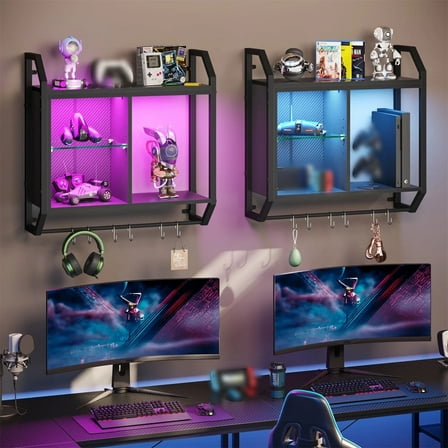 Bestier 25" Gaming Floating Shelves LED Wall Mounted Shelf with Adjustable Glass Shelf, Gaming Room Decor Wine Coffee Bar, Black