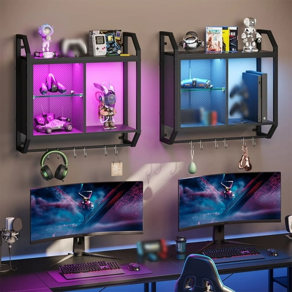 Bestier 25" Gaming Floating Shelves LED Wall Mounted Shelf with Adjustable Glass Shelf, Gaming Room Decor Wine Coffee Bar, Black