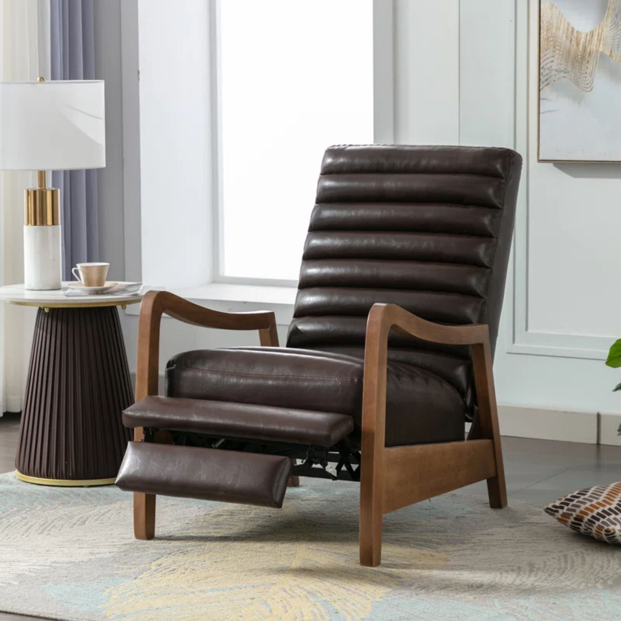 Bestier 26" Accent Chair, Luxurious Oil Wax Leather Recliner for Adults, Upholstered Push Back Reading Chair with Parawood Frame, Brown