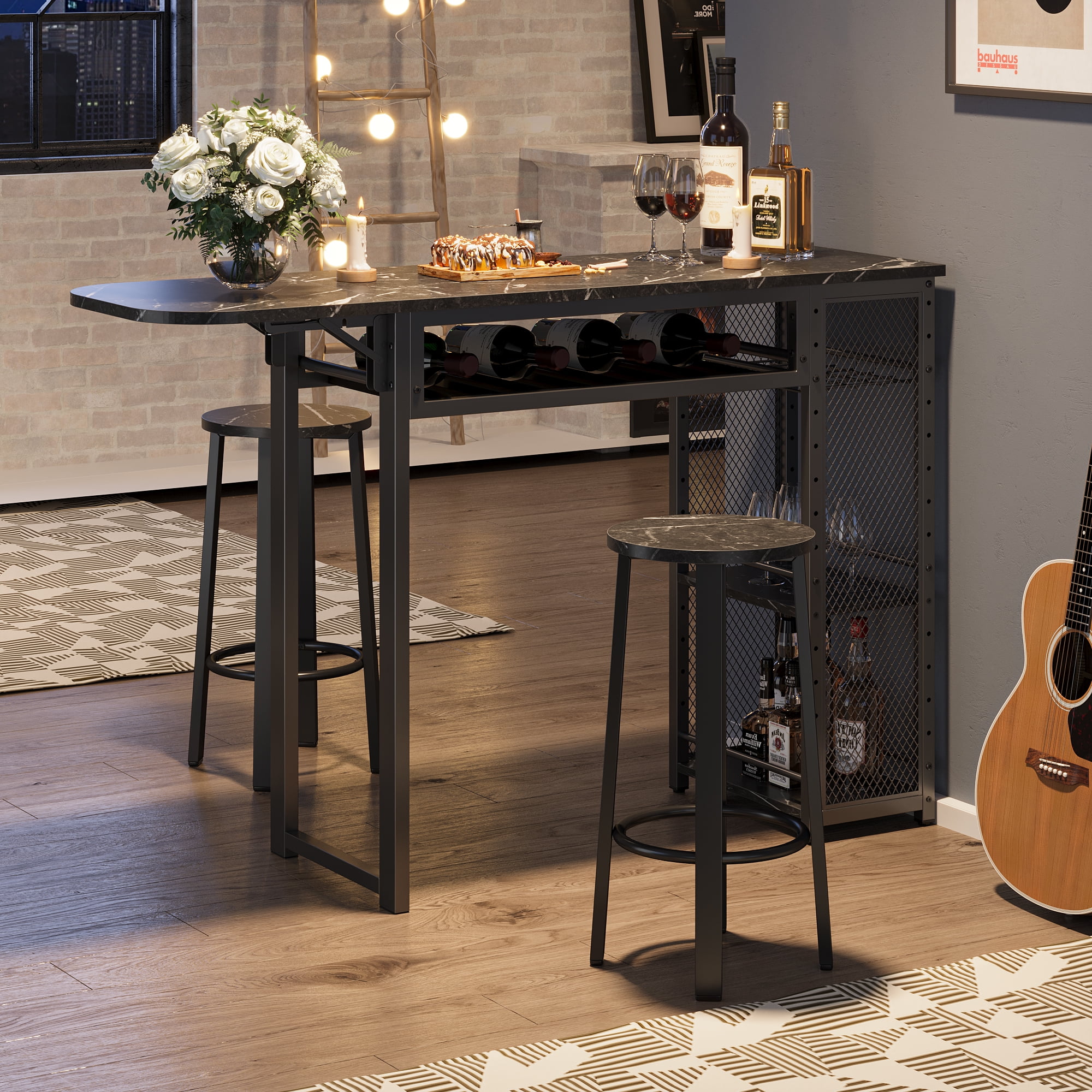 Bestier 3 Piece Bar Pub Table & Chairs Set with Storage Shelves