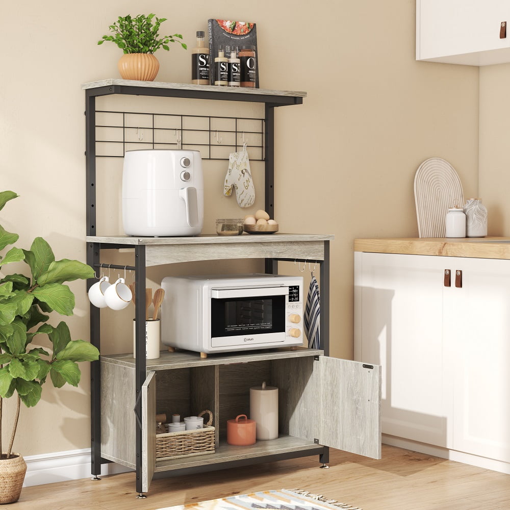 Bestier 3-Tier Baker's Rack with Cabinet, Kitchen Storage Shelves,  Microwave Oven Stand, Coffee Bar with Hooks in Grey 