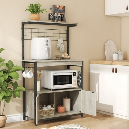 Bestier 3-Tier Baker's Rack with Cabinet, Kitchen Storage Shelves, Microwave Oven Stand, Coffee Bar with Hooks in Grey