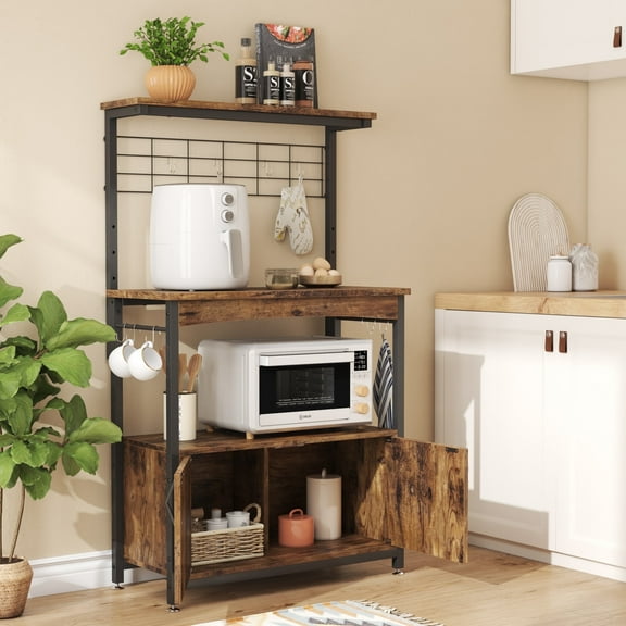Bestier 3-Tier Baker's Rack with Cabinet, Kitchen Storage Shelves, Microwave Oven Stand, Coffee Bar with Hooks in Rustic