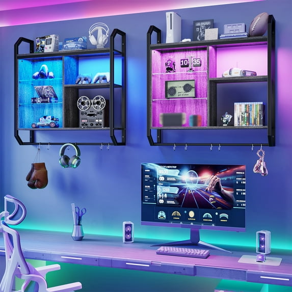 Bestier 33" Floating Shelves with LED Lights Wood Wall Mounted Storage Display Shelves for Kitchen Bathroom, Charcoal