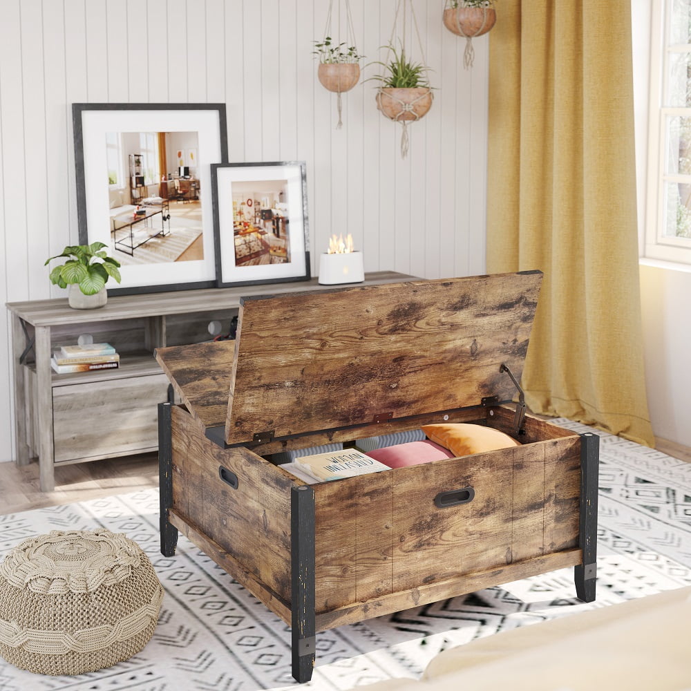 Bestier 35.4" Farmhouse Square Coffee Table with Large Storage for