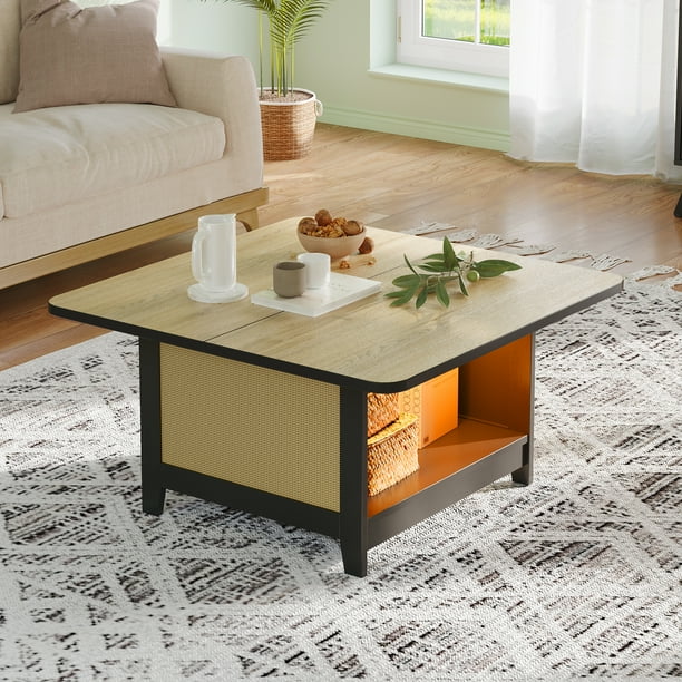 Bestier 35 Inch Square Rattan Coffee Table Mid Century Modern Coffee Table with LED Lights Large Storage for Living Room Walmart Business Supplies
