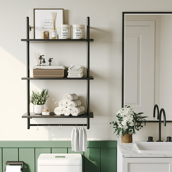 Bestier 38 inch Wall Mounted Floating Shelves with Towel Bar & Hooks Bookshelf in Charcoal