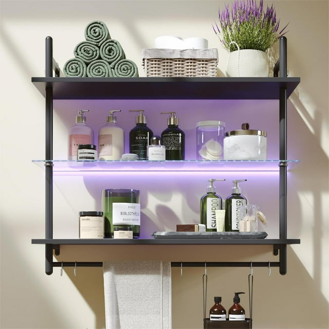 Bestier 41" Floating Shelves for Wall with LED Light 3-Tier Wall-Mounted Wood Shelves, Black Carbon Fiber