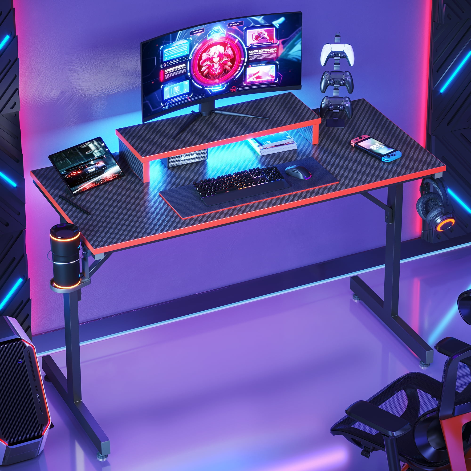 Bestier 42 Gaming Desk PC Computer Office Gamer Table Desk with LED Lights  & Monitor Stand & Headphone Hook in Carbon Fiber Red 