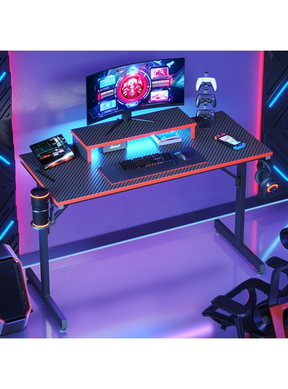 Bestier 42" Gaming Desk PC Computer Office Gamer Table Desk with LED Lights & Monitor Stand in Red