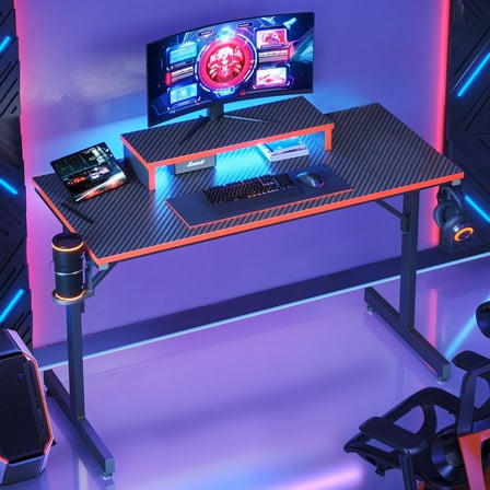 Bestier 42" Gaming Desk PC Computer Office Gamer Table Desk with LED Lights & Monitor Stand in Red