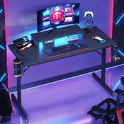 Bestier 42" Gaming Desk PC Computer Office Table Desk with LED Lights & Monitor Stand & Headphone Hook & Cup Holder in Carbon Fiber Black