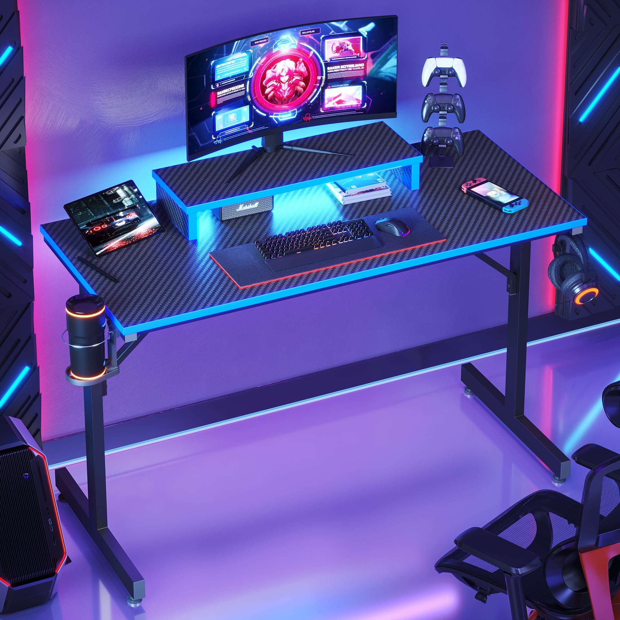 Bestier 42 Gaming Desk PC Computer Office Gamer Table Desk with LED Lights  & Monitor Stand & Headphone Hook in Carbon Fiber Red