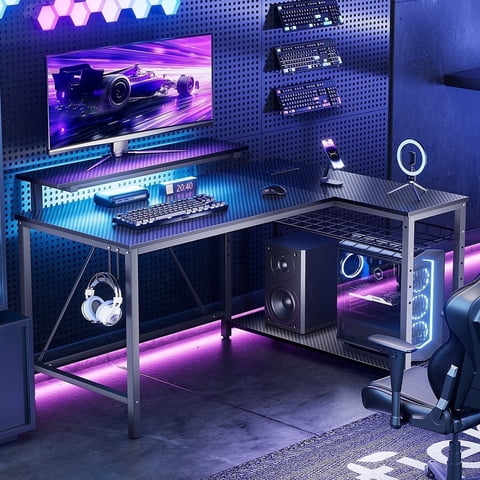 RSPGAME 42" Reversible L-Shaped Gaming Desk: Equipped with Power Outlets, LED Lights, Adjustable Shelves & Hooks for Small Spaces ,Bedrooms & Offices, Carbon Fiber Black