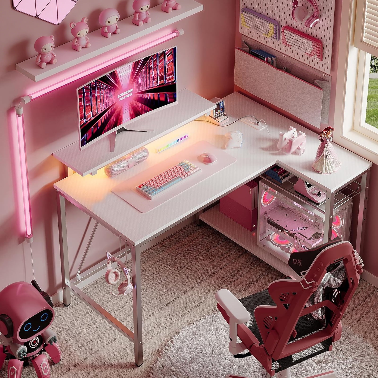 RSPGAME 42" L Shaped Computer Desk with Power Outlets, Home Office Desk with LED Lights & Monitor Stand, Reversible Shelves, Corner Desk for Small Spaces ,Bedrooms, Carbon Fiber White