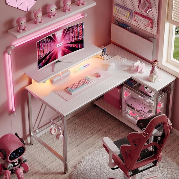 RSPGAME 42" L Shaped Computer Desk with Power Outlets, Home Office Desk with LED Lights & Monitor Stand, Reversible Shelves, Corner Desk for Small Spaces ,Bedrooms, Carbon Fiber White