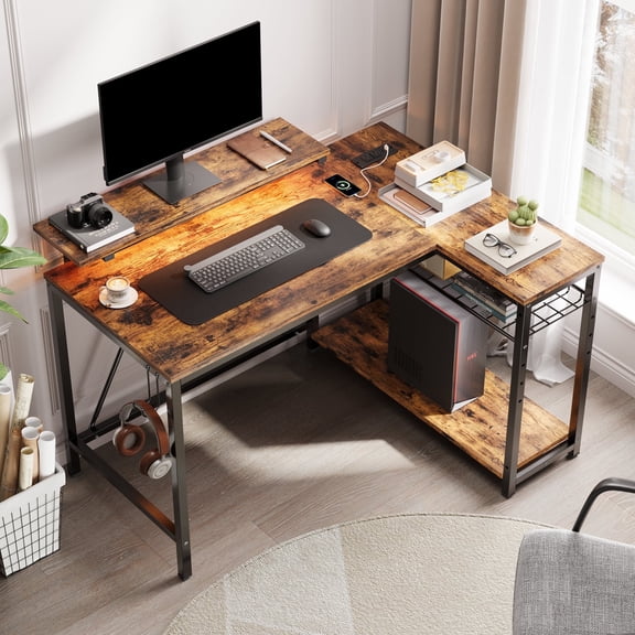 RSPGAME 42" L Shaped Computer Desk with Power Outlets, Home Office Desk with LED Lights & Monitor Stand, Reversible Shelves, Corner Desk for Small Spaces, Bedrooms, Rustic