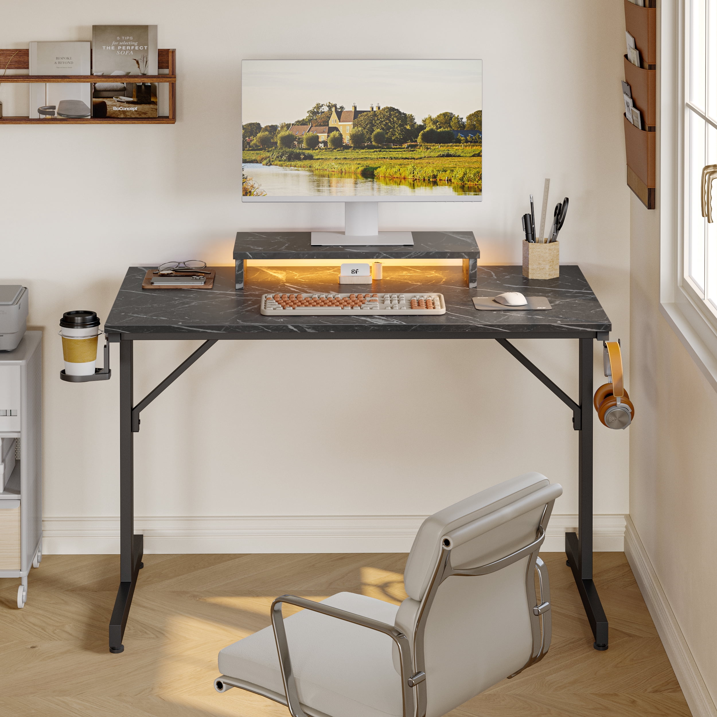 Bestier 42" LED Gaming Desk PC Computer Office Gamer Table Desk with Monitor Stand in Black Marble