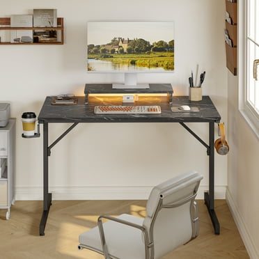 Bestier 42" LED Gaming Desk PC Computer Office Gamer Table Desk with Monitor Stand in Black Marble