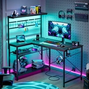 Bestier 42 inch Gaming Desk with LED Lights & Power Outlet, Reversible L Shaped Computer Desk with Hutch & Storage Shelves, Carbon Fiber