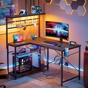 Bestier 42 inch Gaming Desk with LED Lights & Power Outlet, Reversible L Shaped Computer Desk with Hutch & Storage Shelves, Red Carbon Fiber