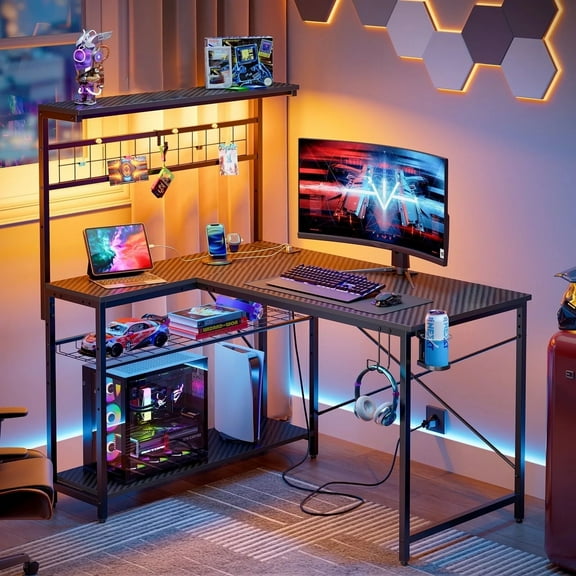 Bestier 42 inch Desk,Gaming Desk with LED Lights & Power Outlet, Reversible Office desk,L Shaped Desk with Hutch & Storage Shelves, Carbon Fiber