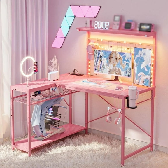 Bestier 42 inch L Shaped Gaming Desk with LED Lights & Power Outlet, Reversible Corner Computer Desk with Hutch & Storage Shelves for Home Office, Pink