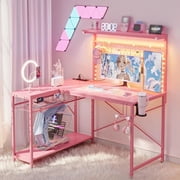 Bestier 42 inch L Shaped Gaming Desk with LED Lights & Power Outlet, Reversible Corner Computer Desk with Hutch & Storage Shelves for Home Office, Pink