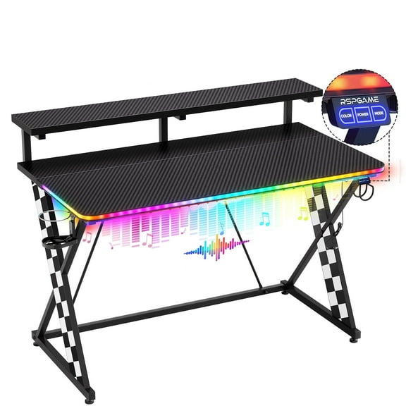 RSPGAME 43" Music Sync LED Gaming Desk,X-Shape Ergonomic Monitor Stand Gamer Table,PC Desk with Dynamic Lighting,Color Changing Office Desks,White Racing