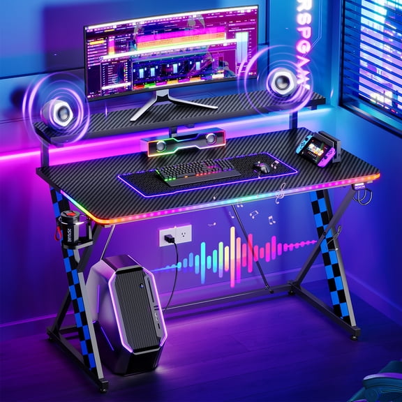 RSPGAME 43" Music Sync LED Gaming Desk,X-Shape Ergonomic Monitor Stand Gamer Table,PC Desk with Dynamic Lighting,Color Changing Office Desks,Blue Racing