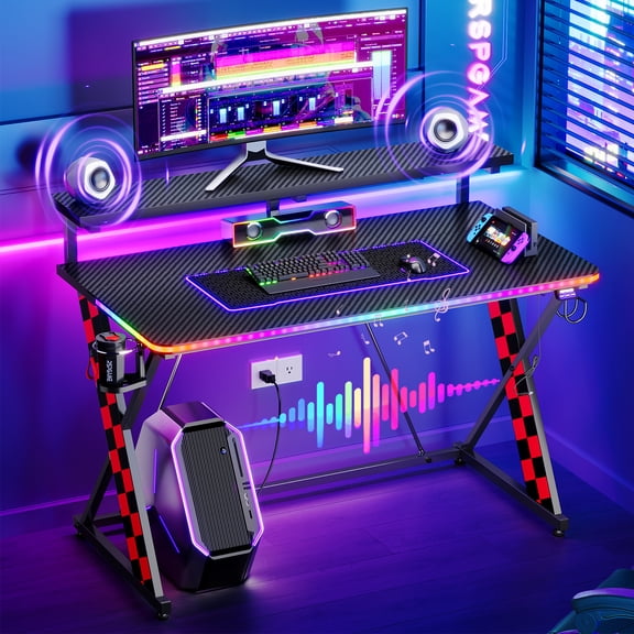RSPGAME 43" Music Sync LED Gaming Desk,X-Shape Ergonomic Monitor Stand Gamer Table,PC Desk with Dynamic Lighting,Color Changing Office Desks,Red Racing
