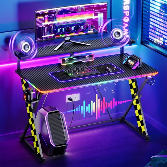 RSPGAME 43" Music Sync LED Gaming Desk,X-Shape Ergonomic Monitor Stand Gamer Table,PC Desk with Dynamic Lighting,Color Changing Office Desks,Yellow Racing