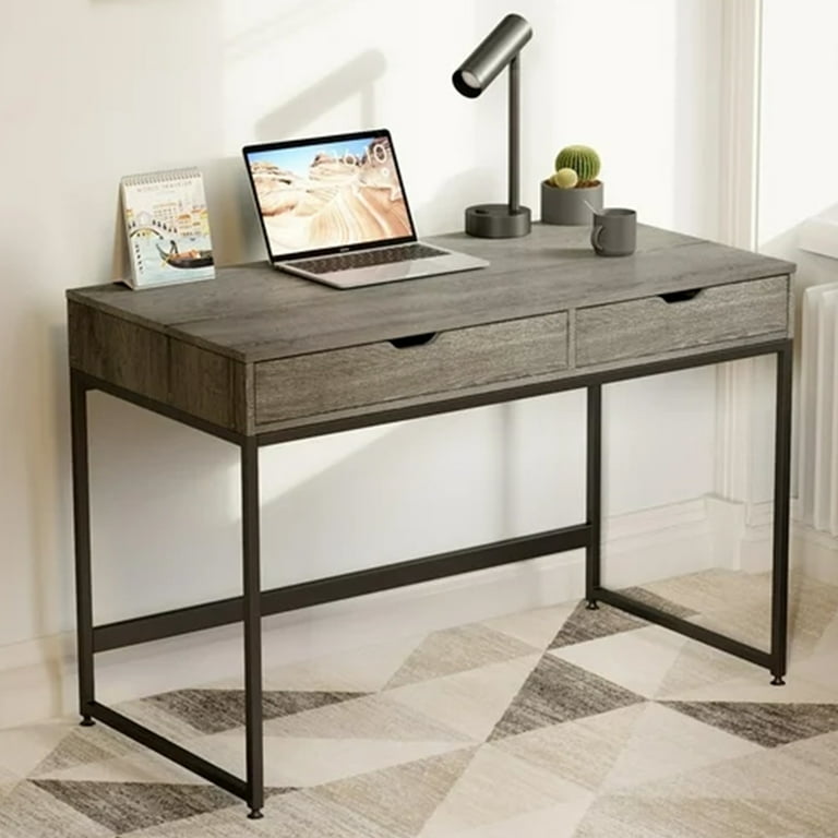 Bestier 43 inch Computer Desk with 2 Drawers Small Writing Table with Metal Frame for Home Office Gray
