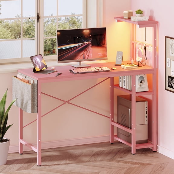 Bestier 44.3 inch LED Gaming Desk with Outlets & USB Ports Computer Desk with Storage Shelves in Pink Carbon Fiber