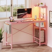 Bestier 44.3 inch LED Gaming Desk with Outlets & USB Ports Computer Desk with Storage Shelves in Pink Carbon Fiber