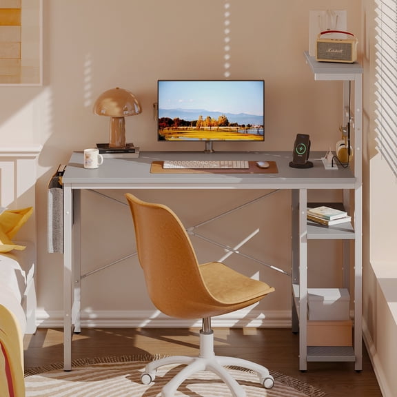 Bestier 44" LED Gaming Computer Desk with Power Outlets and Storage Shelves in Carbon Fiber Gray