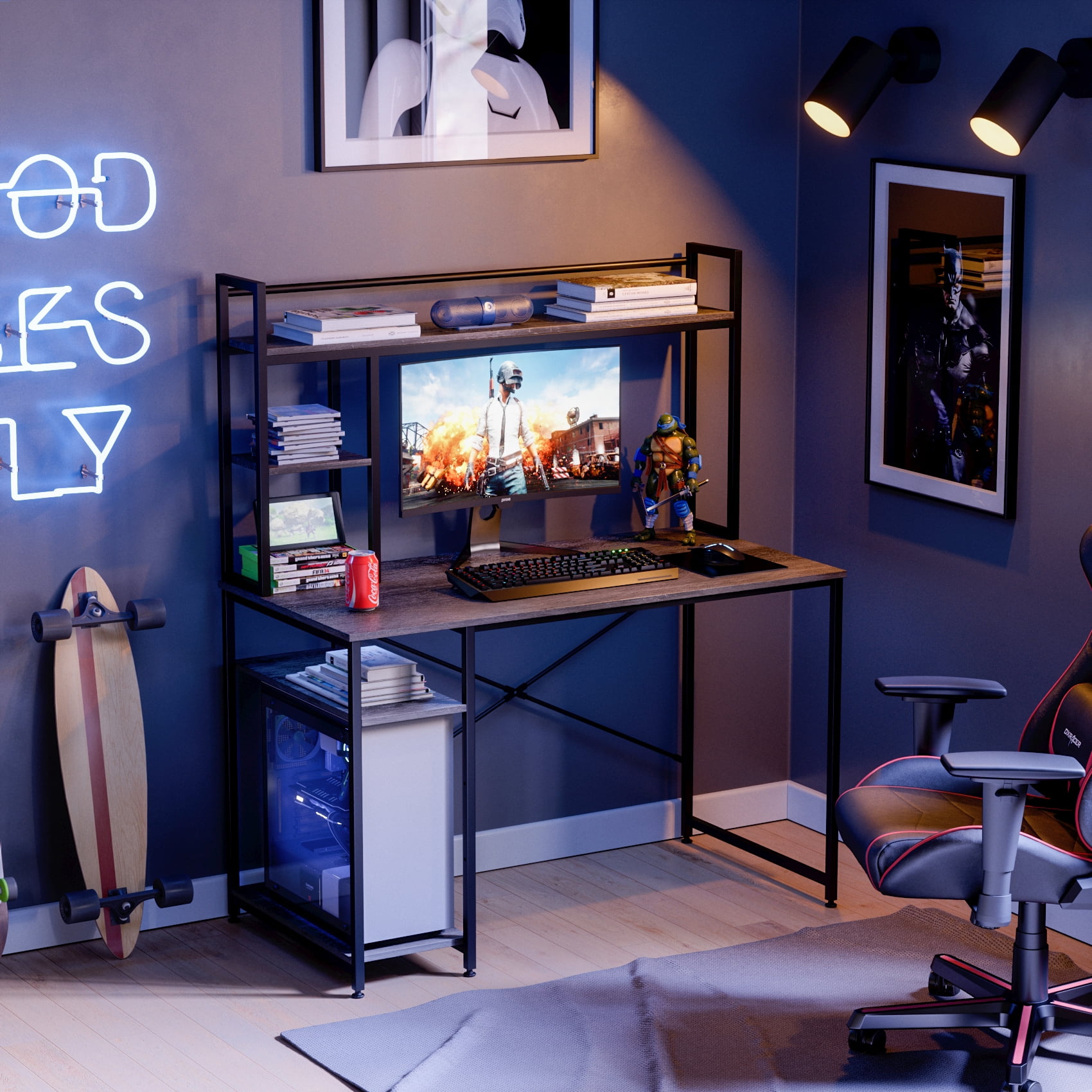 Bestier 47.2 inch Gaming Desk with Shelf Home Office Computer Table Easy Assembly in Gray