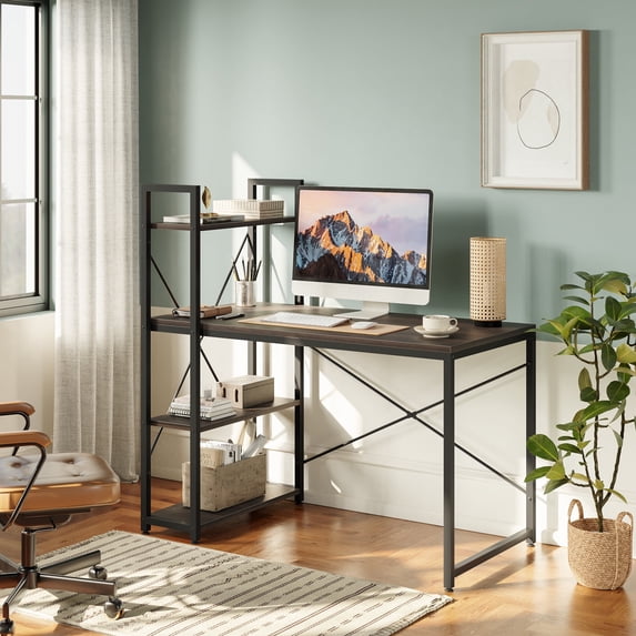 Bestier 47" Computer Desk with Adjustable Shelves, Writing Desk with Reversible Bookshelf, Oak