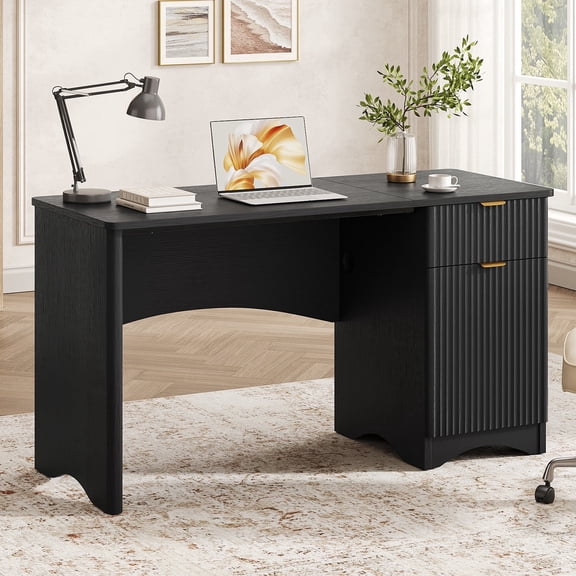 Bestier 47" Computer Desk with Drawer, Modern Home Office Desk with Storage Cabinet, Fluted PC Study Writing Desk for Small Spaces, Black