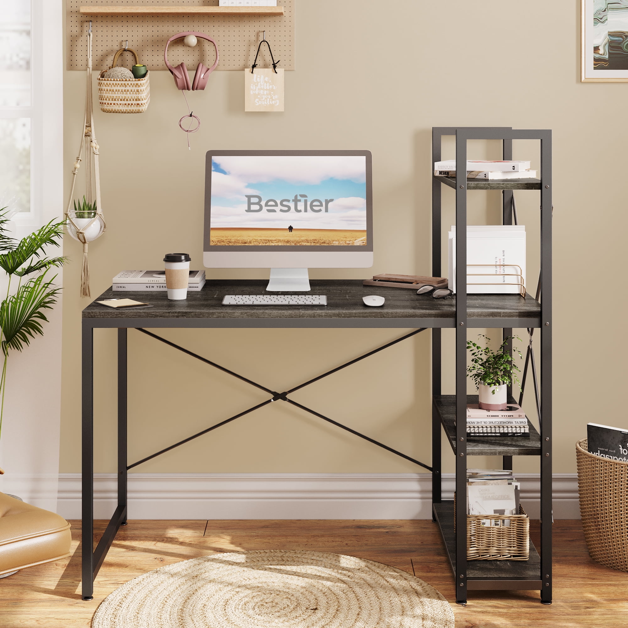 Bestier 47'' Computer Desk with Shelves for Home Office Retro Grey Oak