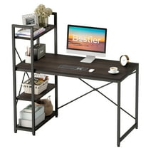 Bestier 47 Inch Computer Desk with Adjustable Shelves, Simple Writing Desk with Reversible Bookshelf and Metal Legs for Home Office and Studio, Dark Walnut