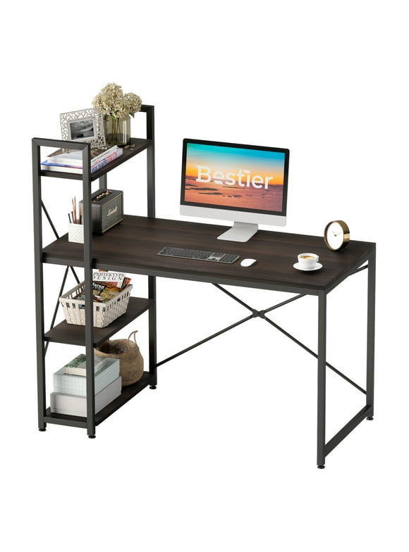 Bestier 47 Inch Computer Desk with Adjustable Shelves, Simple Writing Desk with Reversible Bookshelf and Metal Legs for Home Office and Studio, Dark Walnut